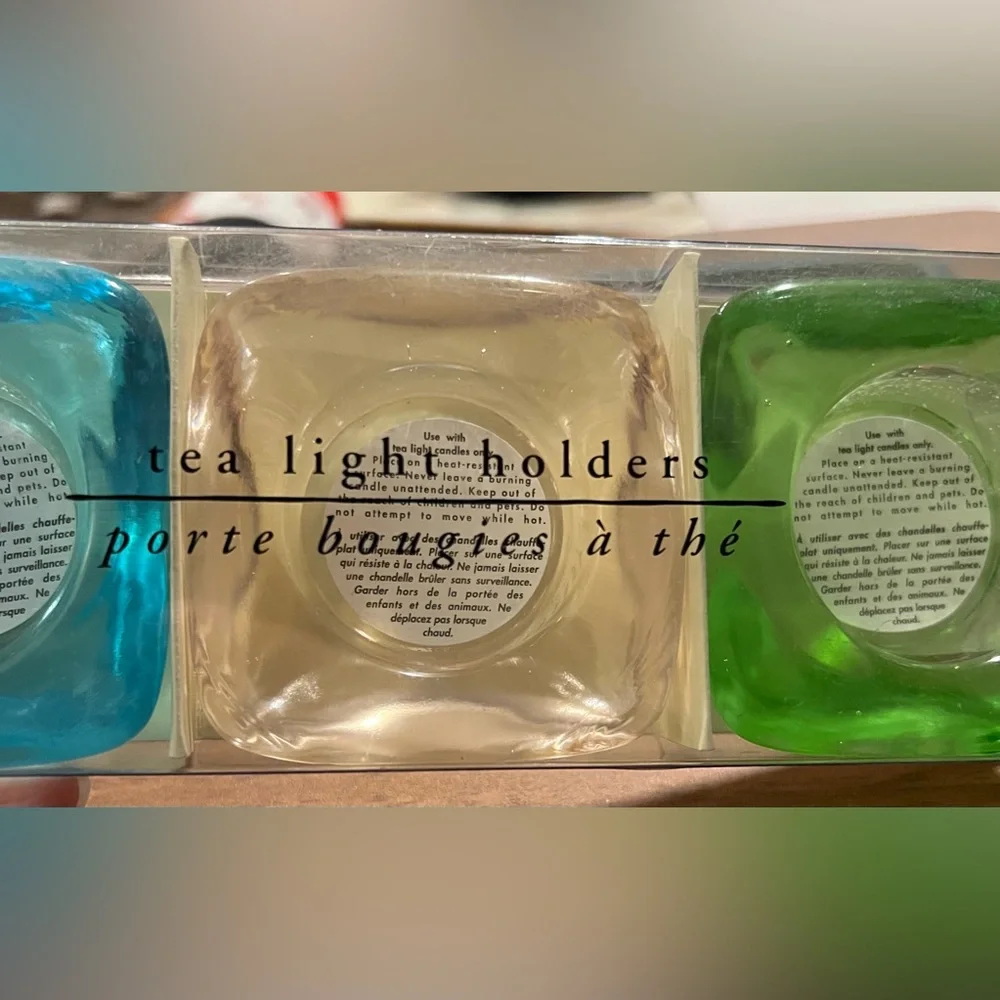 VTG Set of 3 Pier 1 Imports Glass Tea Light Holders Blue Pink Green NIB